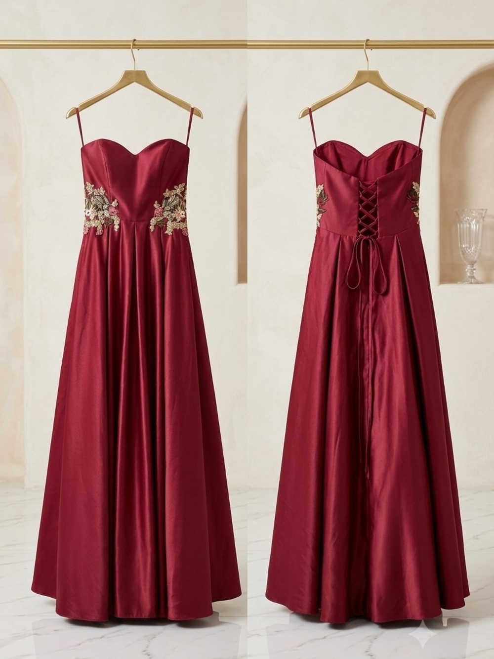 Strapless Burgundy Prom Gown with Floral Embroidery